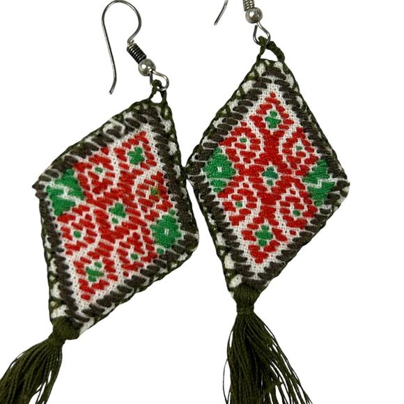 Vintage Nordic Embroidered Tassel Diamond Earrings - Picture 2 of 3